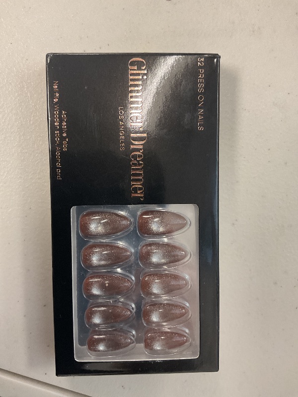 Photo 1 of Press On Nails 32 Brown Red – Medium Almond I Thick Gel Coating Reusable Press on Nails - Velvet Muse I Shimmer Tip for Adult I Nails with Adhesive Tabs, Clean Pad, Nail File & Wood Stick