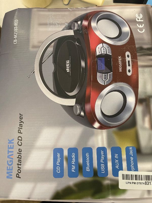 Photo 1 of MEGATEK Portable CD Boombox with FM Stereo Radio, Bluetooth, USB Port, and Backlit LCD Display | CD-R/CD-RW/MP3-CD Compatible | AUX Input | Headphone Jack | Programmable CD Player - Cherry Red

