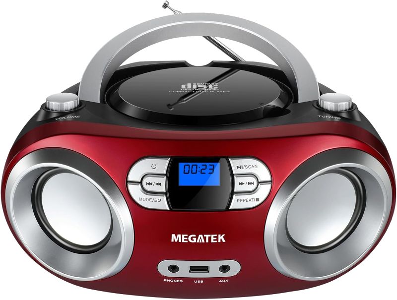 Photo 1 of MEGATEK Portable CD Boombox with FM Stereo Radio, Bluetooth, USB Port, and Backlit LCD Display | CD-R/CD-RW/MP3-CD Compatible | AUX Input | Headphone Jack | Programmable CD Player - Cherry Red
