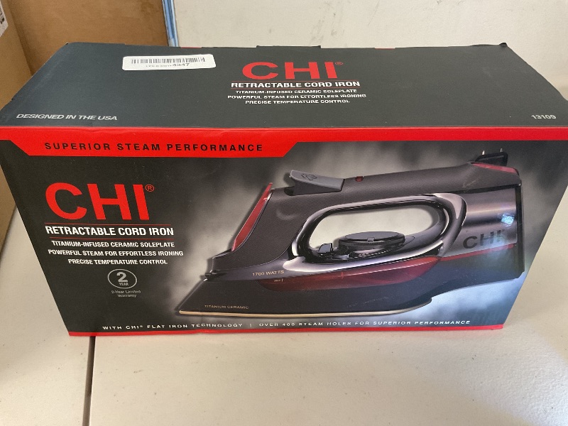 Photo 1 of CHI Steam Iron for Clothes with 8’ Retractable Cord, 1700 Watts, 3-Way Auto Shutoff, 400+ Holes, Professional Grade, Temperature Control Dial, Titanium Infused Ceramic Soleplate, Black/Chrome (13109)