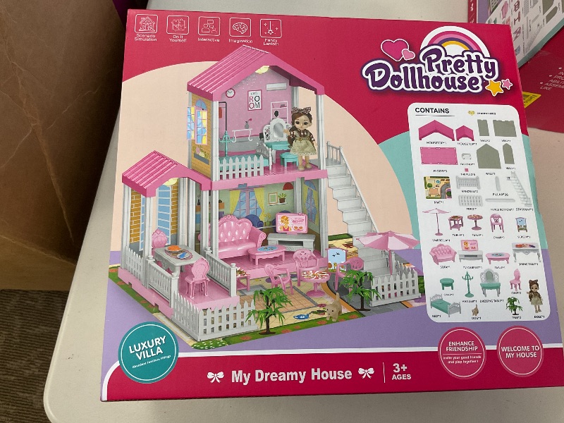 Photo 1 of HCFJEH Doll House with Light, Playmat and Doll Toy Figures, DIY Pretend Play Furniture and Accessories, Dollhouse Playhouse Toy for 3 4 5 6 7 8 9 10 Year Old Girl Birthday (3 Room)