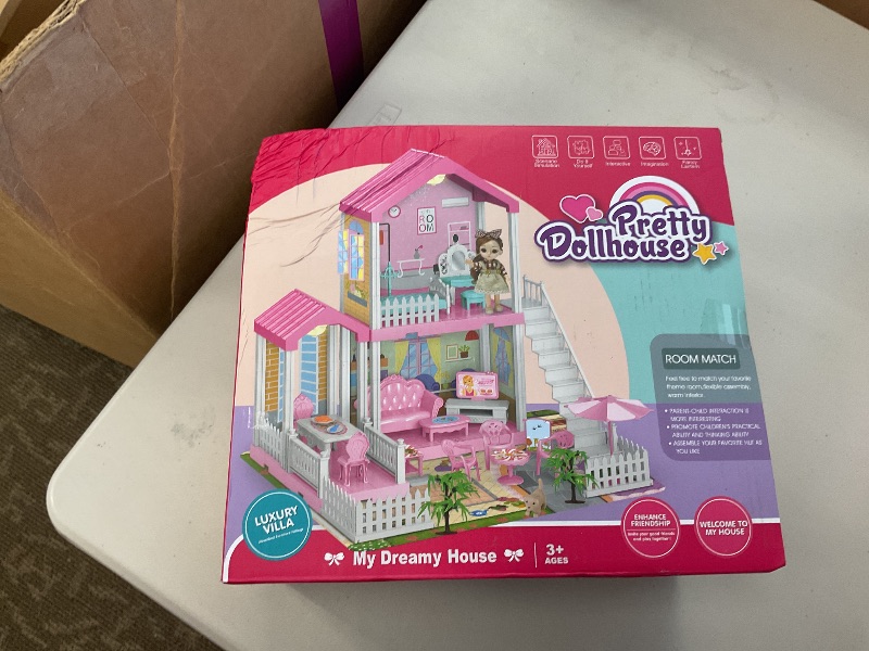 Photo 1 of HCFJEH Doll House with Light, Playmat and Doll Toy Figures, DIY Pretend Play Furniture and Accessories, Dollhouse Playhouse Toy for 3 4 5 6 7 8 9 10 Year Old Girl Birthday (3 Room)