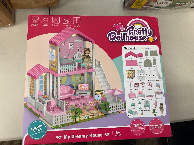 Photo 1 of HCFJEH Doll House with Light, Playmat and Doll Toy Figures, DIY Pretend Play Furniture and Accessories, Dollhouse Playhouse Toy for 3 4 5 6 7 8 9 10 Year Old Girl Birthday (3 Room)