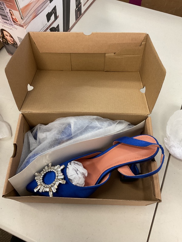 Photo 1 of VETASTE Women's High Heel Crystal Slingback Pumps Pointed Toe Strappy Triangle Heeled Party Wedding Bride Pump Shoes Blue