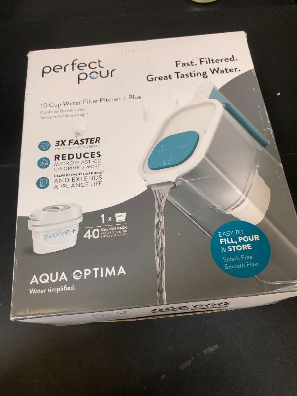 Photo 1 of Perfect Pour Large 10 Cup Water Filter Pitcher by Aqua Optima, Reduces Microplastics, Ergonomic, Eliminates Splashes and Spills, BPA Free, NSF Certified, Includes 1 Evolve+ Water Filters, Blue