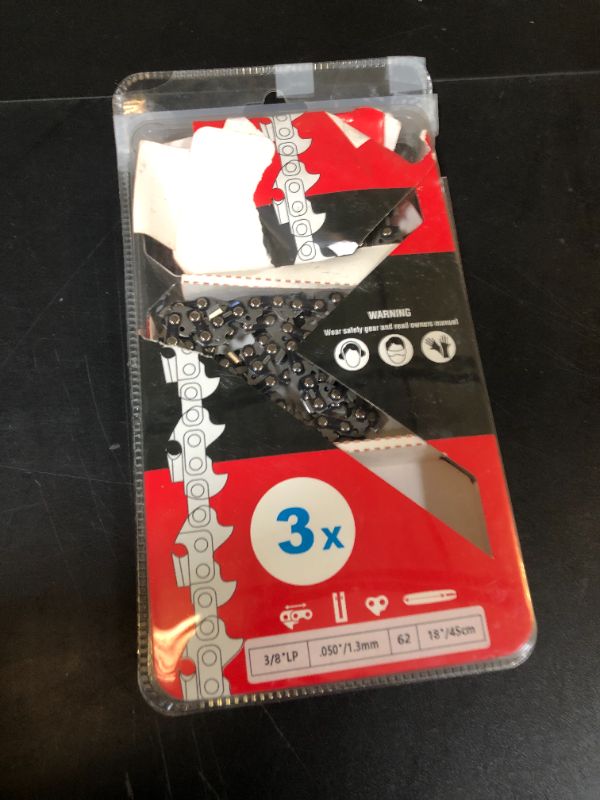 Photo 1 of KAKEI 18 Inch Chainsaw Chain 3/8" LP Pitch .050" Gauge 62 Drive Links Fits Poulan, Kobalt, Echo, Ego, Greenworks and More- S62 (3 Chains)