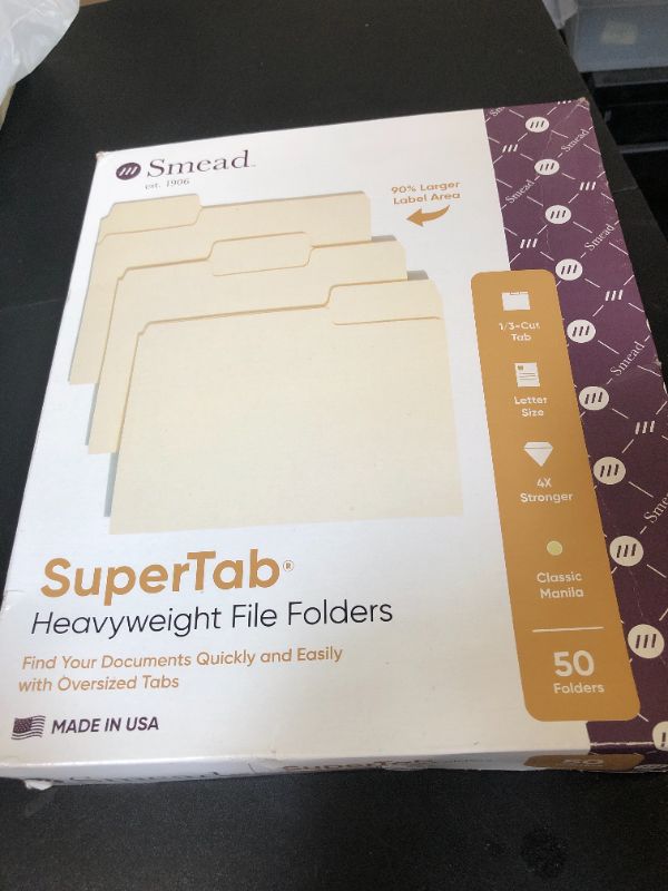 Photo 1 of Smead SuperTab Heavyweight File Folder, Oversized 1/3-Cut Tab, Letter Size, Manila, 50 Per Box (10401)