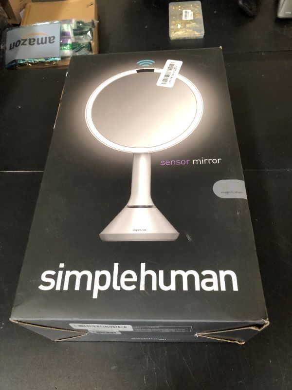 Photo 1 of simplehuman Sensor Mirror, Lighted Makeup Mirror with Magnification (5X), 8" Round Magnifying Vanity Mirror with Lights, Cordless, White Stainless Steel