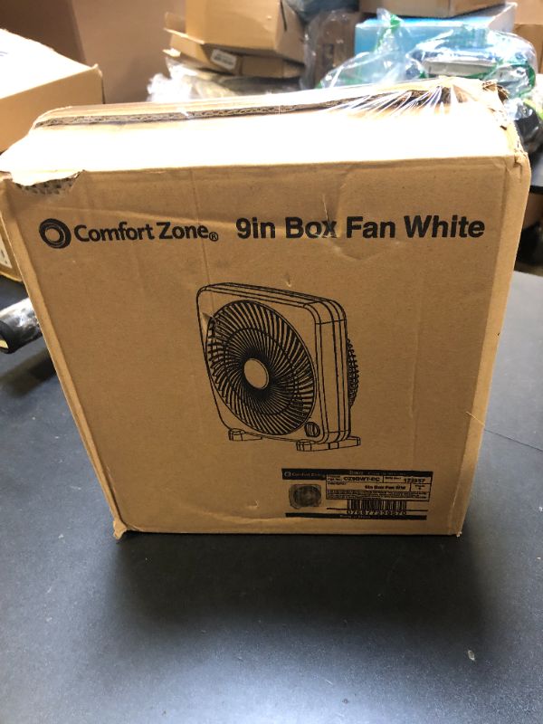 Photo 1 of Comfort Zone Box Fan, 9 inch, Portable, Electric Quiet, 3 Speed, Small Box Fan, Desk Fan, Table Fan, Airflow 9.65 ft/sec, Ideal for Home, Bedroom, Dorm, & Office, CZ9BWT