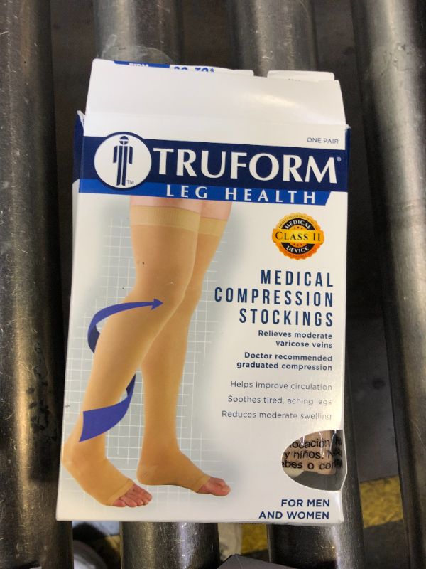 Photo 1 of Truform 20-30 mmHg Compression Stockings for Men and Women, Thigh High Length, Dot-Top, Open Toe, Beige, Medium