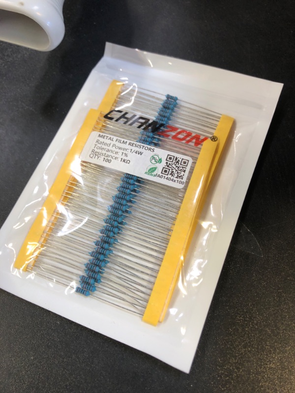 Photo 1 of Chanzon 100pcs 1K 1000 ? ohm Resistor 1/4W (0.25W) Metal Film Fixed Resistor 0.01 ±1% Tolerance 1KR MF Through Hole Resistors Current Limiting Rohs Certificated