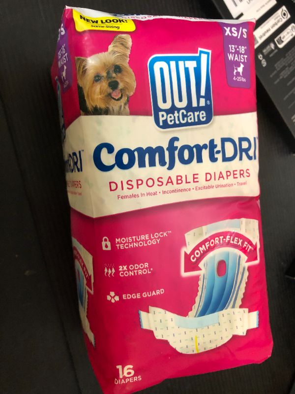Photo 1 of OUT! Petcare Disposable Dog Diapers for Female Dogs, Dog Heat Diapers, Female Dog Period Pads, Female Doggy Diaper for Peeing, Pet Diapers for Small Pets,13”-18” Waist, XS/Small, 16 Count