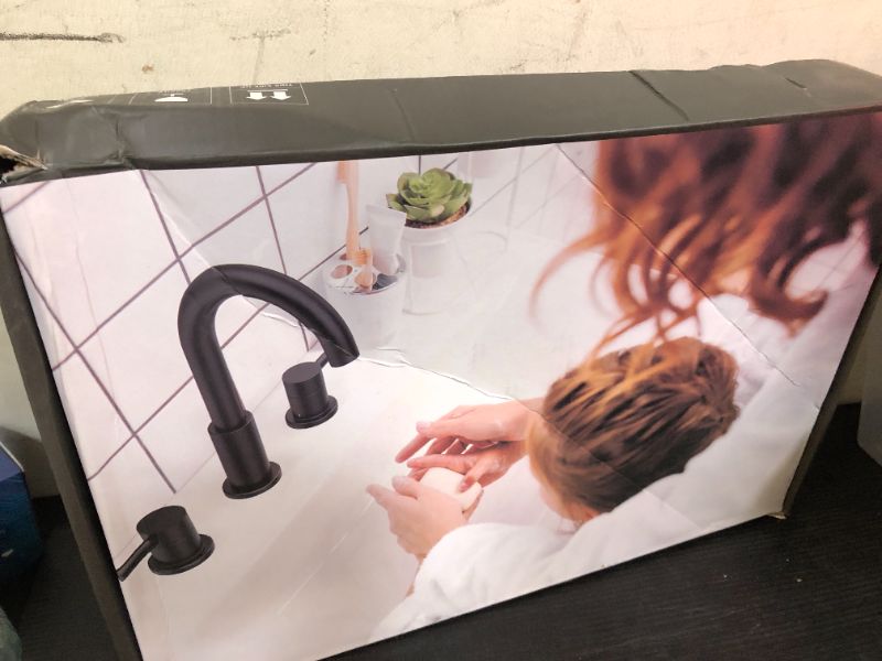 Photo 1 of FGKQ Black Bathroom Sink Faucet 3 Hole, 8 Inch Matte Black Bathroom Faucet with Pop Up Drain, 360° Swivel Widespread Two Handle Vanity Faucet with Supply Lines