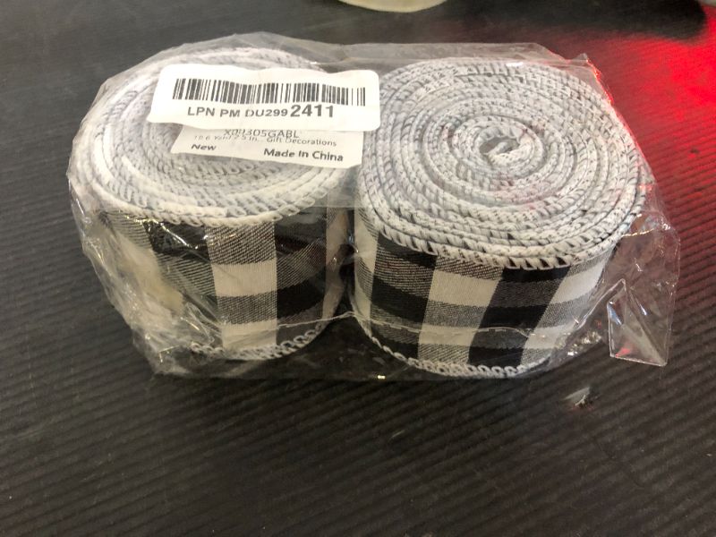 Photo 1 of 19.6 Yard 2.5 inch Wide Buffalo Plaid Ribbons Wired Edges, 2 Rolls Black and White Checkered Ribbon for Christmas Tree Gift Decorations