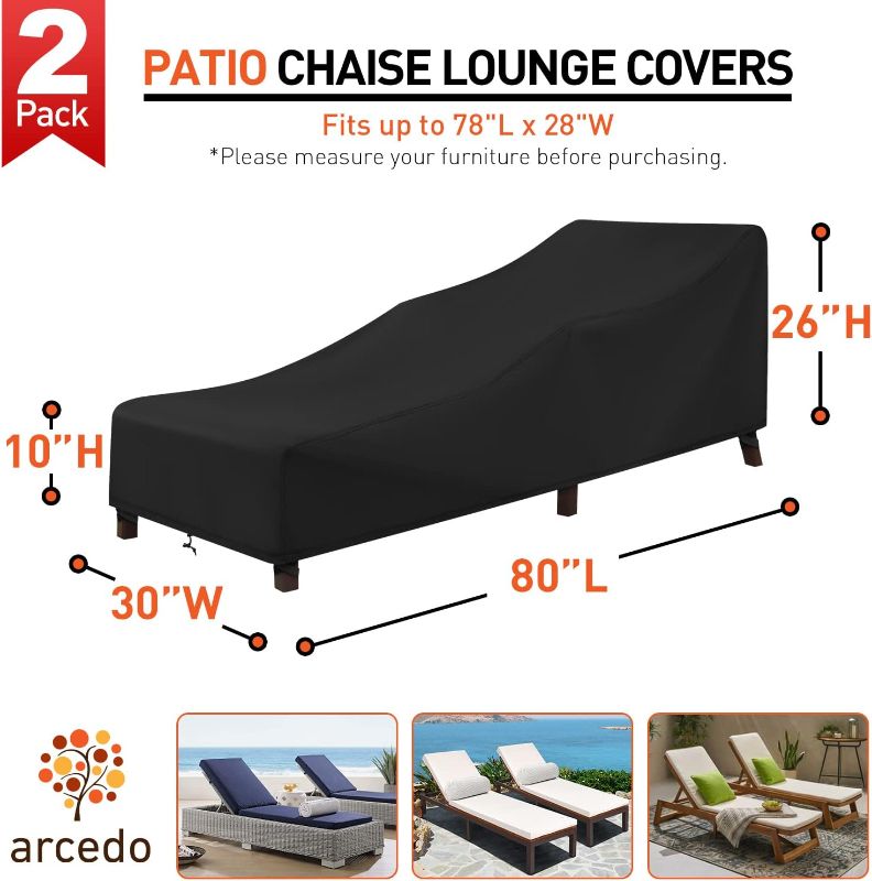 Photo 1 of Arcedo Waterproof Patio Chaise Lounge Cover, 2 Pack of Pool Lounge Chair Covers for Outside Stackable Cushions and Outdoor Furniture, 80" x 30" x 26" H, Black