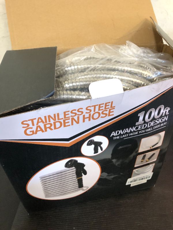 Photo 1 of Garden Hose Metal 100FT, Stainless Steel Heavy Duty Water Hose With 10 Function Nozzle, No-Kink, Tough & Flexible, Sturdy and Lightweight, Rust Proof for Yard, Outdoor, RV