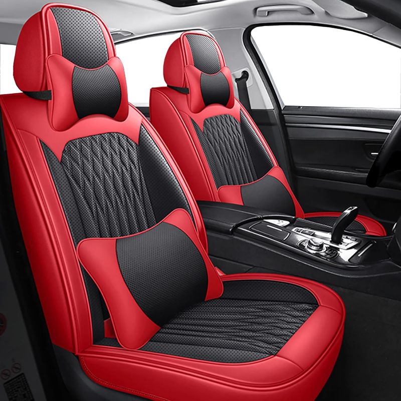 Photo 1 of Breathable Leather Car Seat Covers,5 Seats Automotive seat Covers with Adjustable Removable 2 Waist and Headrest Pillows,Universal Fit for Most Sedans SUV Pick-up Truck(Black&Red, Full Set)
