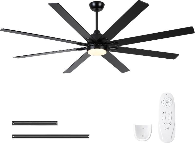 Photo 1 of Sevenine 52 Inch Ceiling Fans with Lights and Remote, Black Ceiling Fan for Bedroom Living Room Indoor/Outdoor, 5 Blades, Downrod, Ultra Quiet 6 Speed Reversible DC Motor, 3CCT, Dimmable, ETL Listed
