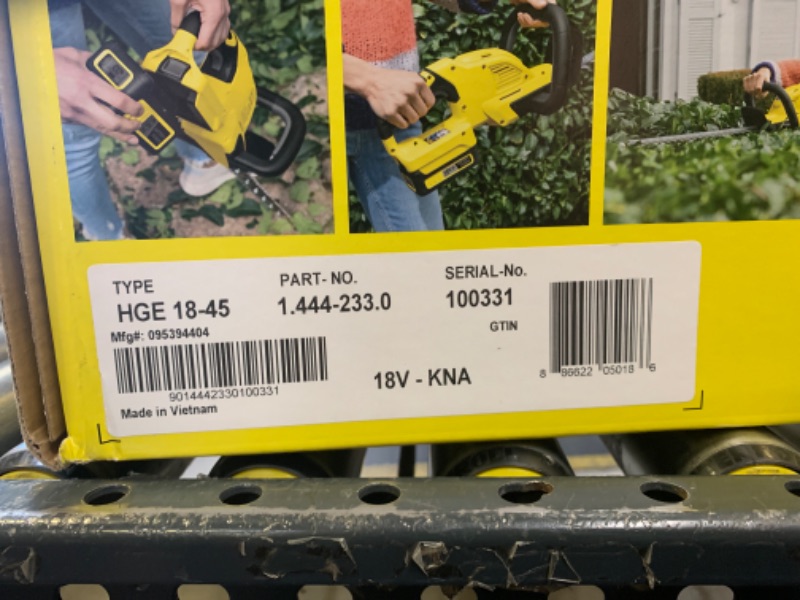 Photo 1 of Kärcher HGE 18-45, Cordless Hedge Trimmer, with Rotating Handle and Diamond-Ground Blade - 17" Cutting Length - Tool Only