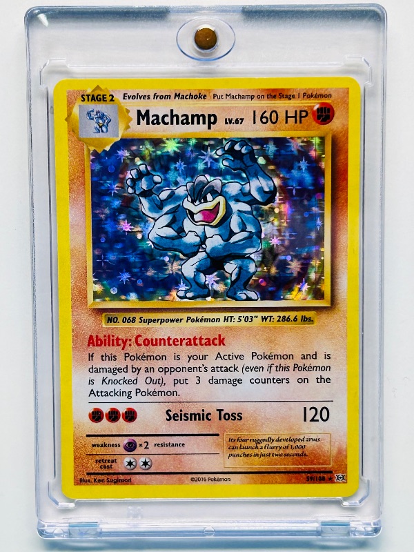 Photo 1 of 165164…hologram Machamp  Pokémon card in hard plastic case