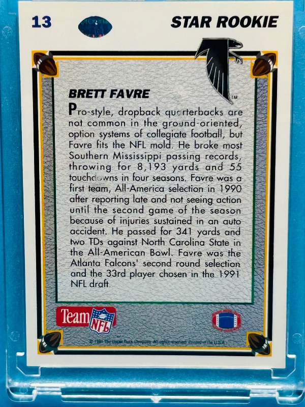 Photo 1 of 165297…Rookie Brett Favre card 13 in hard plastic case 