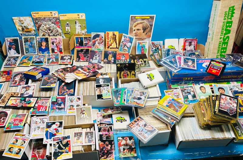 Photo 1 of 165348…final sale no returns/refunds- thousands of mixed sports cards- sets may not be complete. Older cards may have wear from age.-baseball, football, hockey, and basketball 