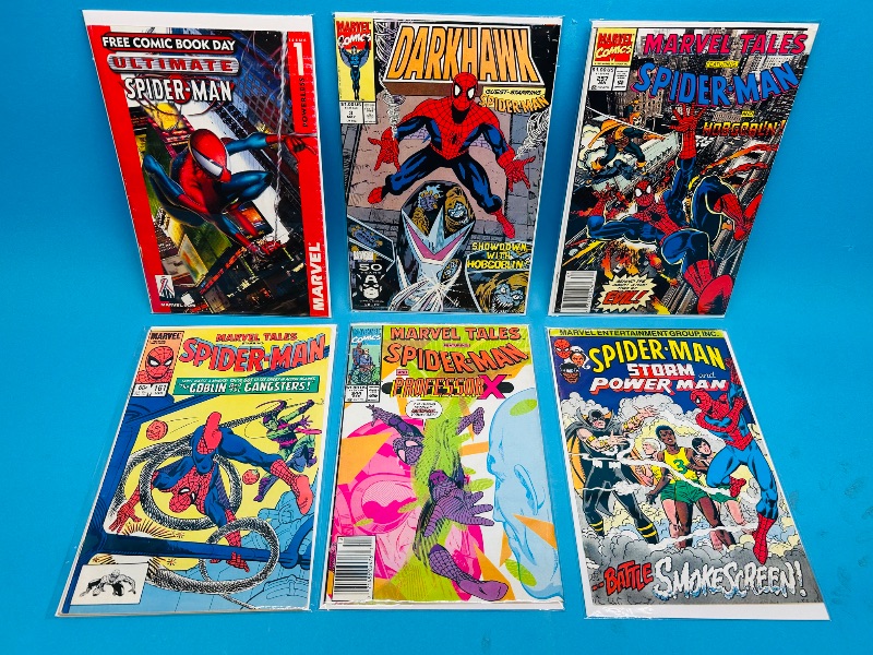 Photo 1 of 165353… 6 damaged Spider-Man comics in sleeves- wear, bends, stains, etc.- vintage 