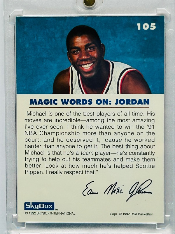 Photo 1 of 165409… Michael Jordan card 105 Magic on Jordan in hard plastic case 