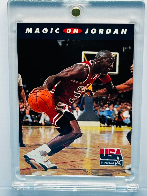 Photo 1 of 165409… Michael Jordan card 105 Magic on Jordan in hard plastic case 