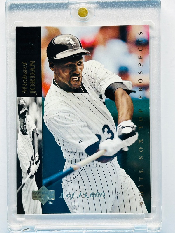 Photo 1 of 165587…Michael Jordan Rookie white Sox #1 of 15,000 card  in hard plastic case