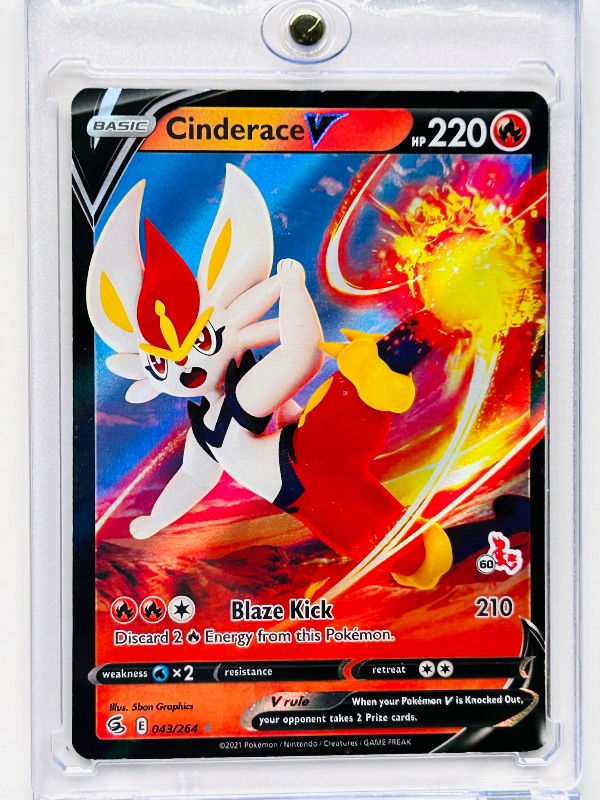 Photo 1 of 165632…Cinderace V holo Pokémon card in hard plastic case
