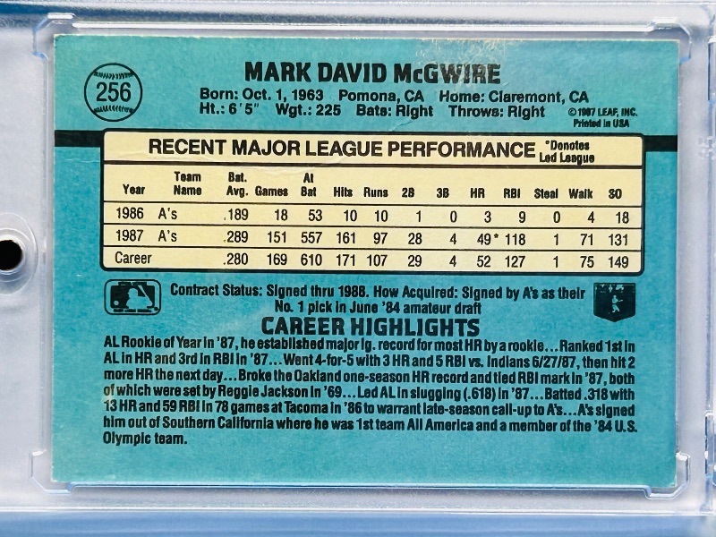 Photo 1 of 165668…Rookie Mark McGwire card 256 in hard plastic case