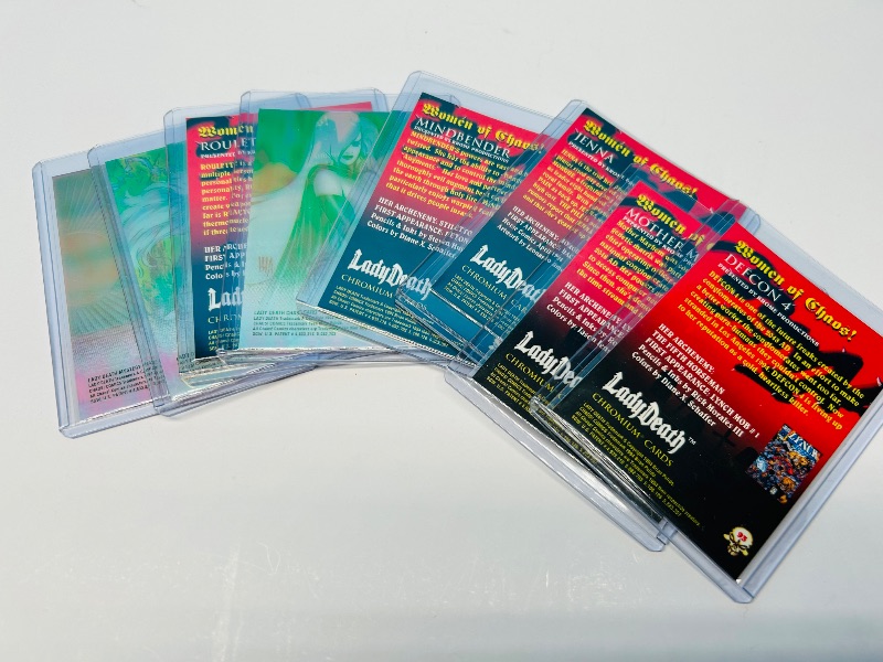 Photo 1 of 165695…8 chromium Lady Death cards in hard plastic sleeves