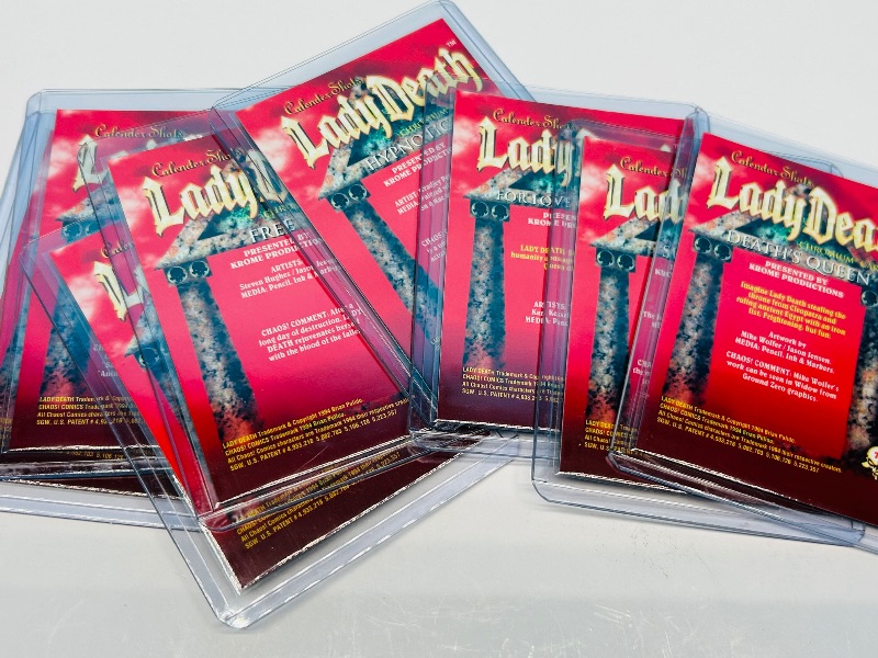 Photo 1 of 165707… 8 chromium Lady Death cards in hard plastic sleeves 