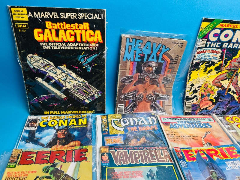 Photo 1 of 165724…damaged-giant and magazine size vintage comic books in sleeves - bends, stains, wear from age