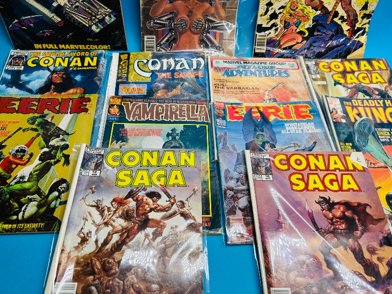 Photo 1 of 165724…damaged-giant and magazine size vintage comic books in sleeves - bends, stains, wear from age