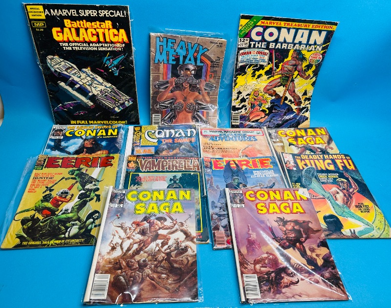 Photo 1 of 165724…damaged-giant and magazine size vintage comic books in sleeves - bends, stains, wear from age