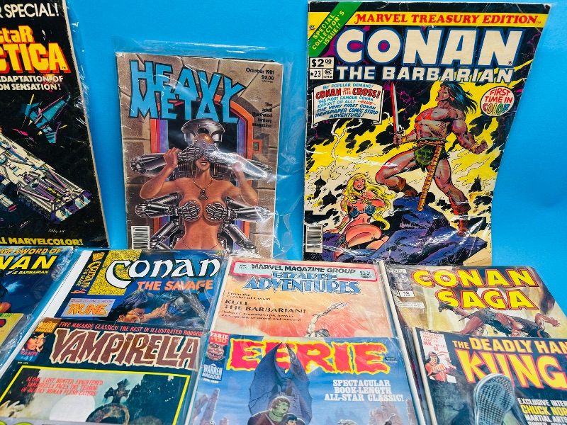 Photo 1 of 165724…damaged-giant and magazine size vintage comic books in sleeves - bends, stains, wear from age