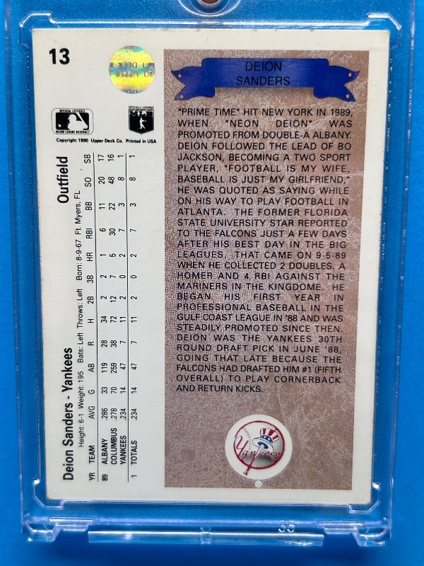 Photo 1 of 166066…Rookie Deion Sanders card 13 in hard plastic case