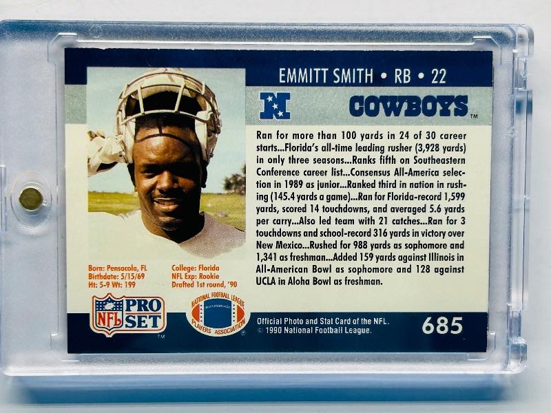 Photo 1 of 166187…Rookie Emmitt Smith card 685 in hard plastic case