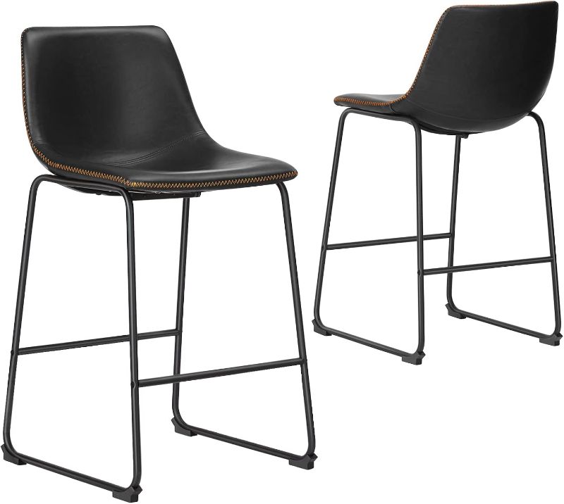 Photo 1 of Bar Stools Set of 2, Counter Height Bar Stools with Back, 26 inch Armless Industrial Faux Leather Barstools with Metal Legs and Footrest, Modern Dining Chairs for Home Kitchen Island, Black
