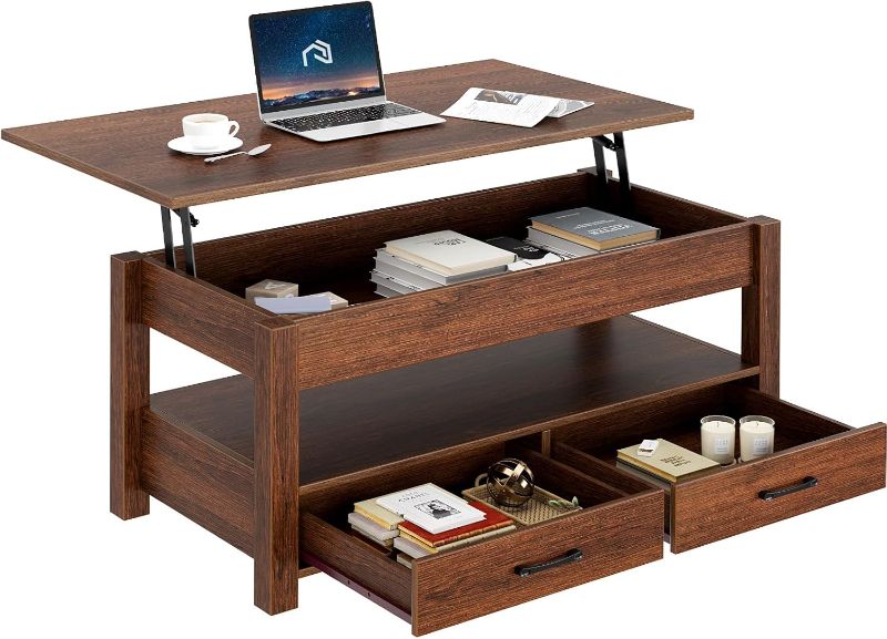Photo 1 of Rolanstar Coffee Table, Lift Top Coffee Table with Drawers and Hidden Compartment, Retro Central Table with Wooden Lift Tabletop, for Living Room,Espresso
