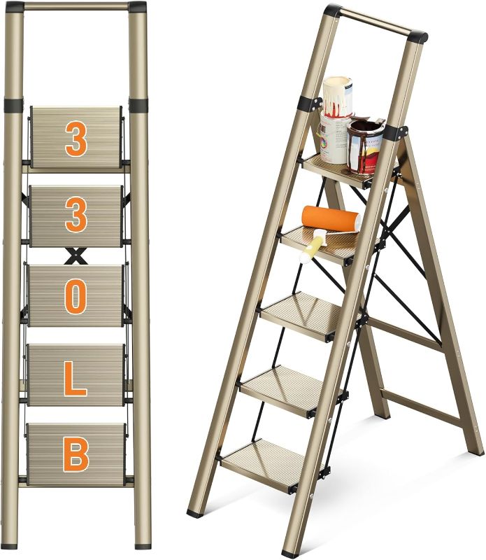 Photo 1 of GameGem 5 Step Ladder, Foldable Step Stool, Aluminum Step Ladder with Anti-Slip Widened 7.9Inch Pedal, Tall Step Ladder for Reaching High, Suitable for Home Use, 330lbs Capacity, Gold
