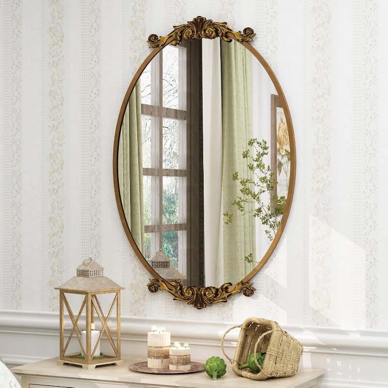 Photo 1 of SMIROR Traditional Oval Wall Mirror, 24x36 Gold Framed Vintage Bathroom Mirror for Wall, Ornate Baroque Inspired Designed Wall Decor