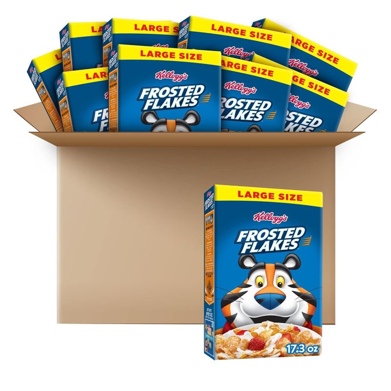 Photo 1 of Kellogg's Frosted Flakes Breakfast Cereal, 8 Vitamins and Minerals, Kids Snacks, Large Size, Original, 10.8lb Case (10 Boxes)