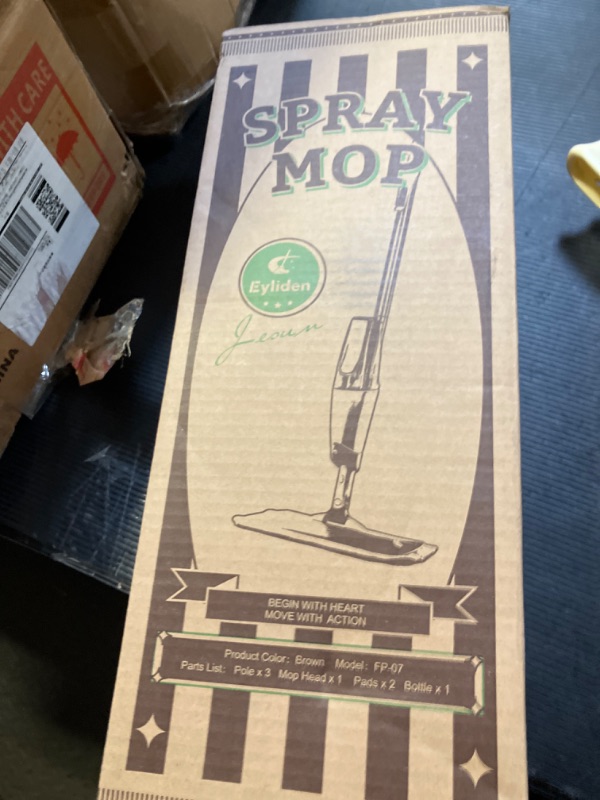 Photo 1 of Eyliden Wet and Dry Spray Mop - 360° Rotating Head, 22 oz Refillable Bottle, 2 Washable Microfiber Pads, Ergonomic Handle - Floor Mop with Spray for Hardwood, Tile, and Laminate Floors (Brown)