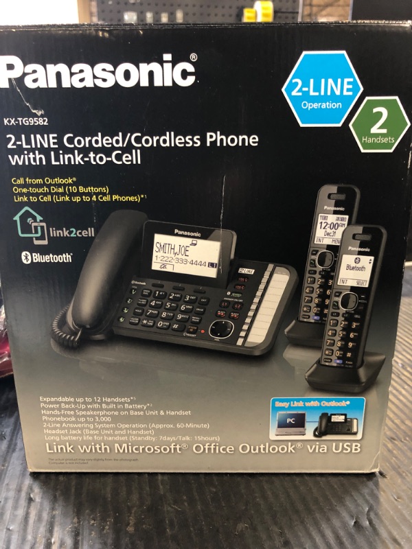 Photo 1 of Panasonic 2-Line Corded/Cordless Phone System with 2 Handsets - Answering Machine, Link2Cell, 3-Way Conference, Call Block, Long Range DECT 6.0, Bluetooth - KX-TG9582B (Black)