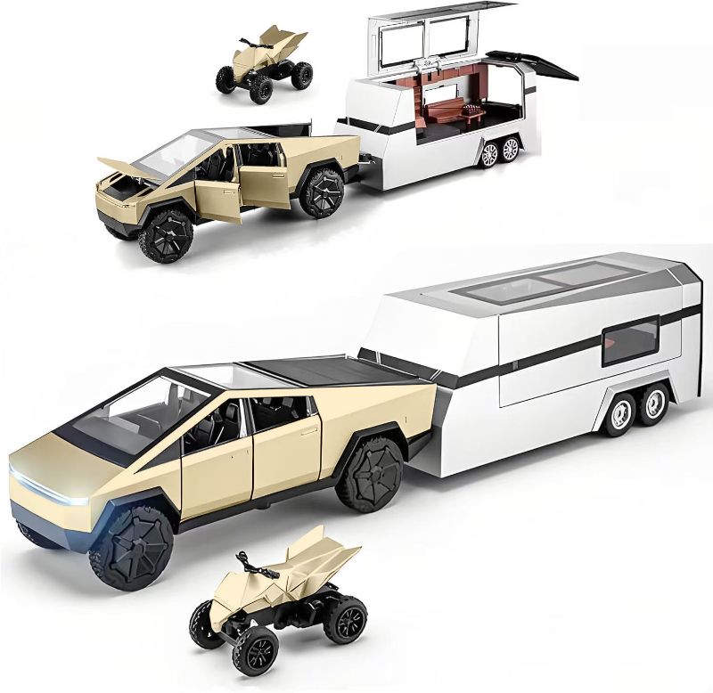 Photo 1 of Powvan Cyber Style Truck Toy Truck Mode Display Model with RV& ATV Cyberquad Motorcycle Birthday Gift Toy Series Race Car Alloy Die-cast Pickup Model (White)