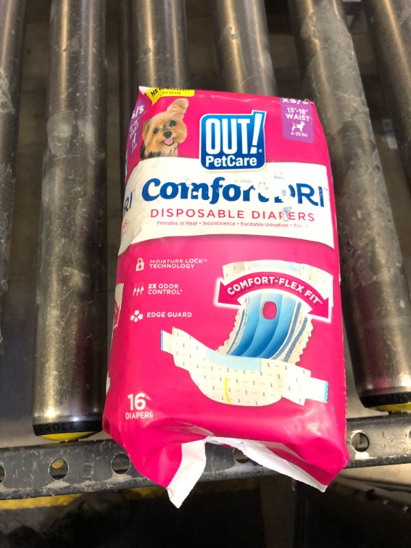 Photo 1 of OUT! Petcare Disposable Dog Diapers for Female Dogs, Dog Heat Diapers, Female Dog Period Pads, Female Doggy Diaper for Peeing, Pet Diapers for Small Pets,13”-18” Waist, XS/Small, 16 Count