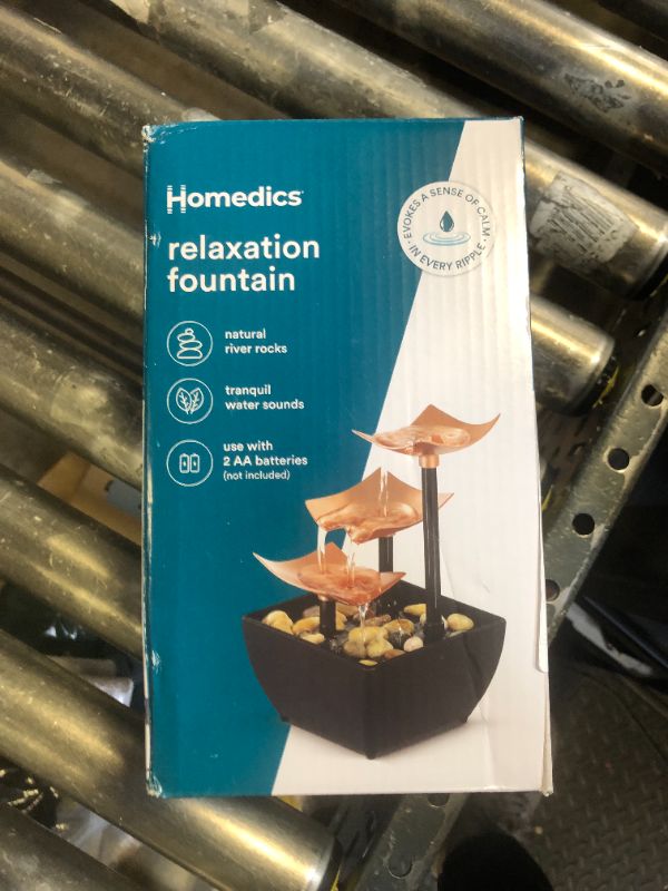 Photo 1 of Homedics Golden Dew Relaxation Tabletop Water Fountain with 3 Tiers, Natural River Rocks, and a Quiet Pump for Soothing Zen Ambiance in Your Home or for Office Décor, Powered by 2 AA Batteries